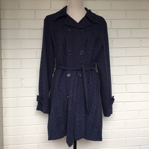 Navy Eyelet Double-Breasted Trench